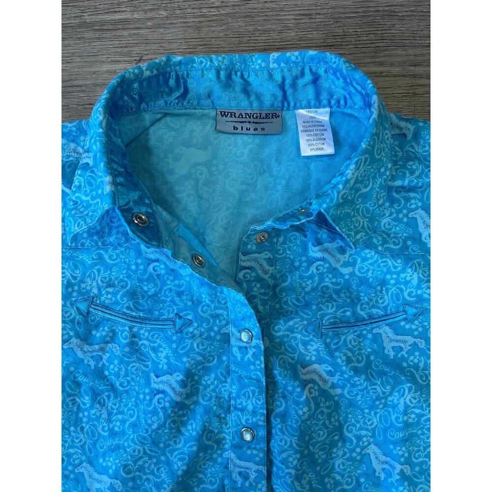 Wrangler Blues Shirt Large L Womens Blue Cowgirl Horse Print Western Pearl Snap - Picture 2 of 7
